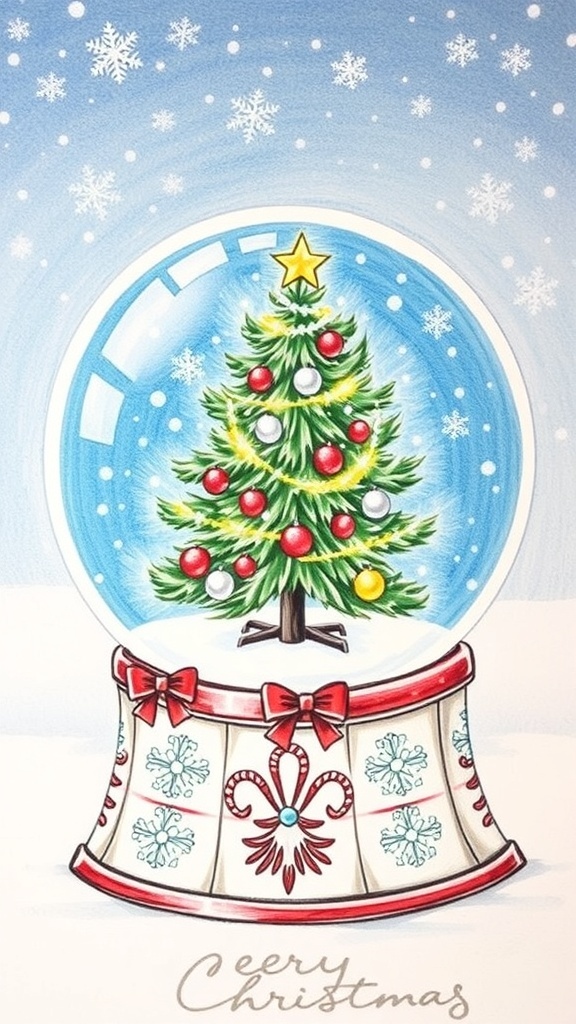 A detailed drawing of a Christmas snow globe with a tree and snowflakes.